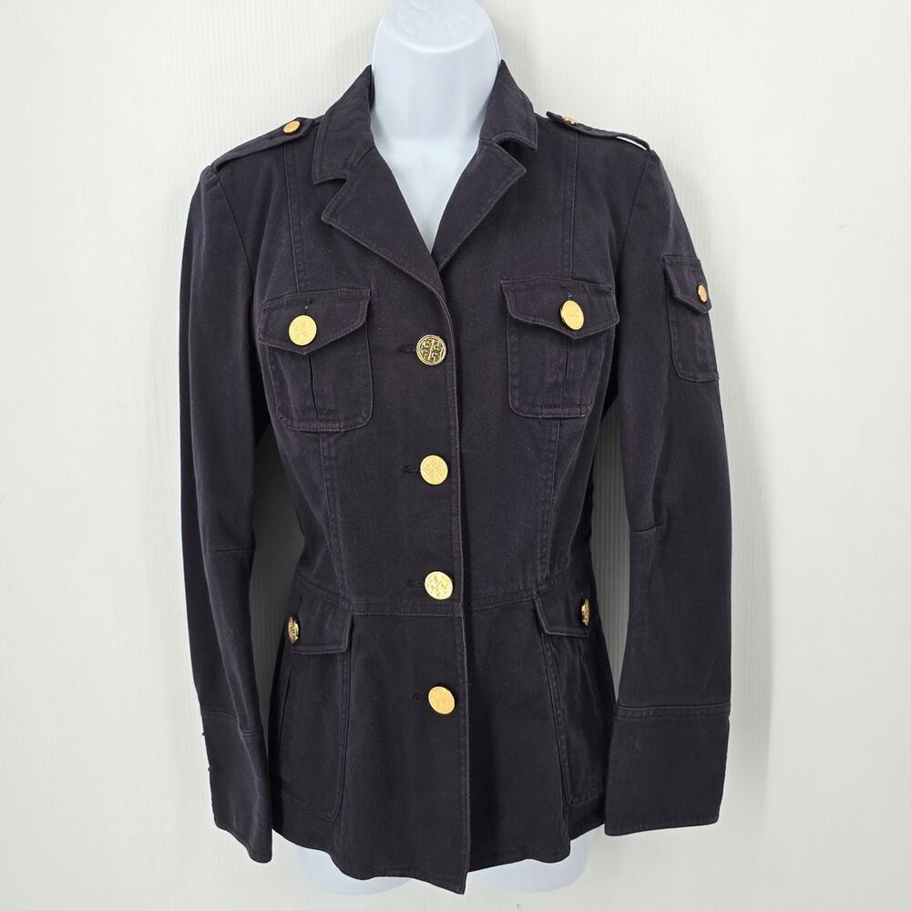 Tory Burch Navy Military Utility Blazer Gold Logo Buttons Cotton Stretch Size 6